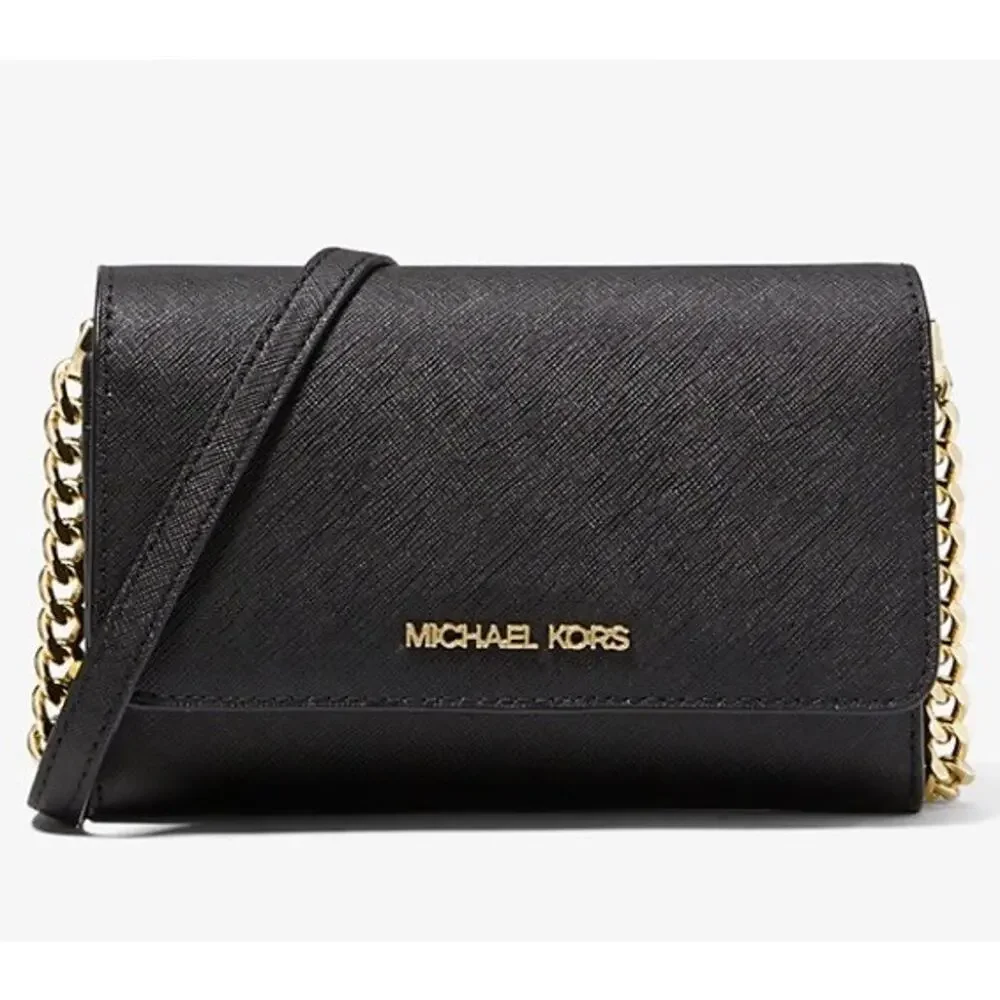Michael Kors Jet Set Travel Crossbody Black Saffiano Leather Organizer Wallet